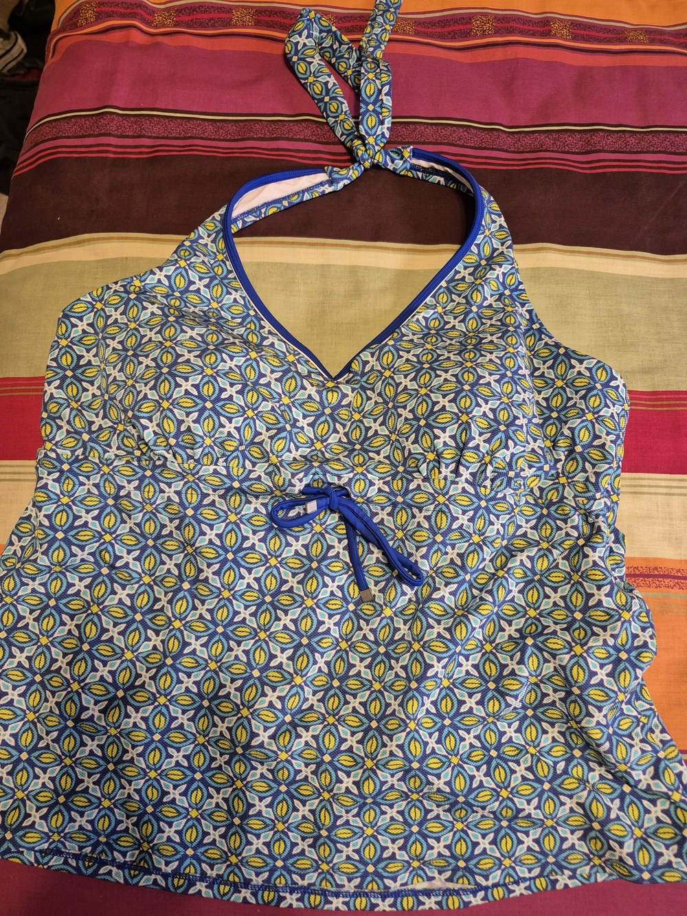 Lands' End Blue, Yellow & White Geo Halter Swim Tankini Top - Size 18